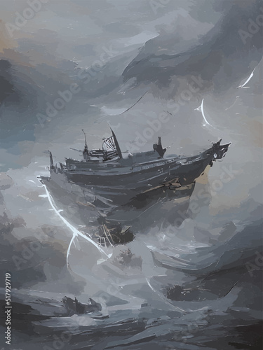 Canvas Print boat in the sea with thunderstorm
