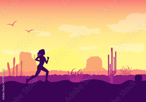 Vector silhouette of running girl with landscape view of dried desert in Arizona. Dried rock mountain,sand hill,cactus, and sunrise sky in summer hot day.