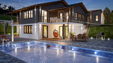 Zweifamilienhaus mit Pool in Abendstimmung - 3D Render, 3D Illustration
