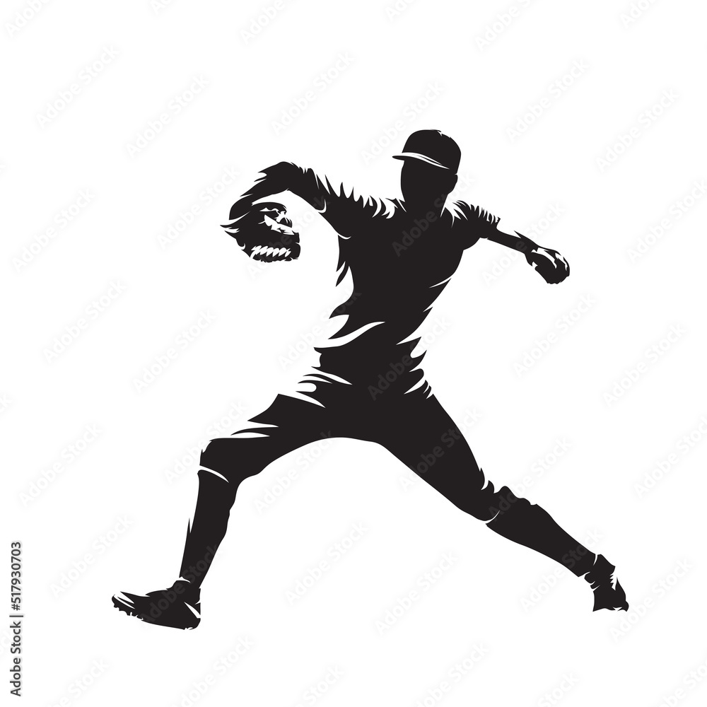 Baseball Player Pitcher Throwing Ball Isolate Vector Silhouette
