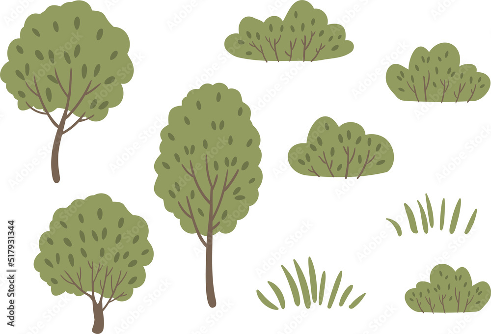 Set of illustrations with green trees and grass clipart, Vector
