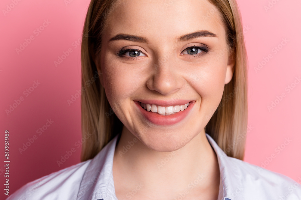 Cropped photo of young lovely woman visit dentist toothy smile cavity protection isolated over pink color background Cropped photo of young lovely woman visit dentist toothy smile cavity protection isolated over pink color background