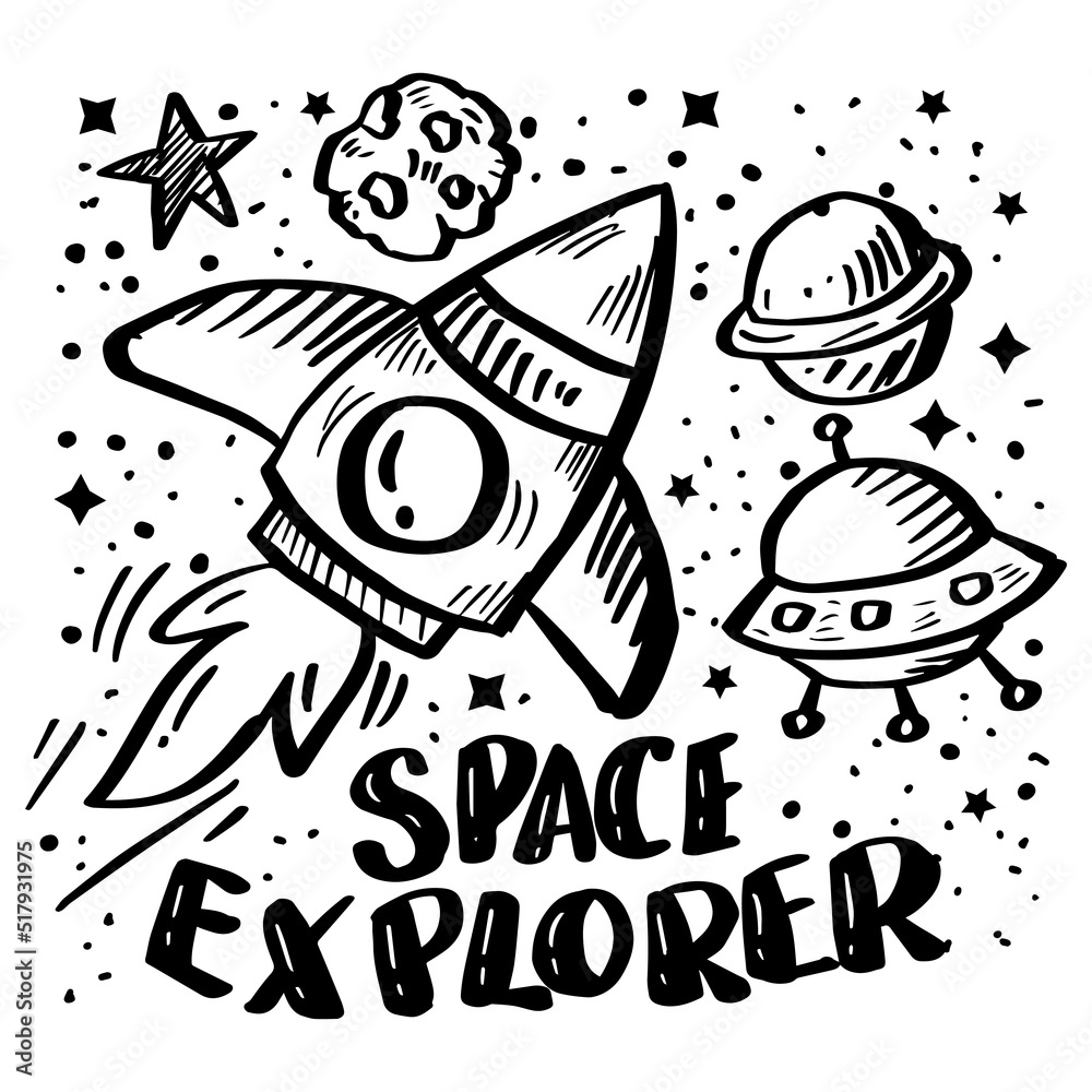 Space explorer hand drawing lettering. Illustration for kids Space explorer hand drawing lettering. Illustration for kids