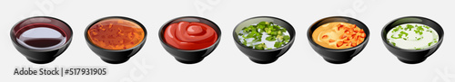 composition in ceramic saucers of various sauces and ketchup, mayonnaise, soy sauce, plum, sweet and sour, spicy, sauce with finely chopped herbs. Oriental cuisine. Japanese, Chinese, Thai cuisine.