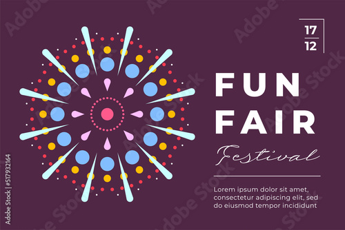 Amusement park festive minimal trendy horizontal poster with fireworks explosion on dark sky. Carnival funfair minimalistic creative flyer with firework. Holiday fun fair festival flat eps card