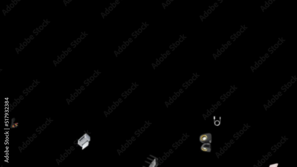 4K 60 fps animation of e-commerce products falling from top to bottom. Modem, printer, camera, hdmi, cable, speaker, flash memory, internet cable, audio cable, power bank 4K 60 fps animation of e-commerce products falling from top to bottom. Modem, printer, camera, hdmi, cable, speaker, flash memory, internet cable, audio cable, power bank