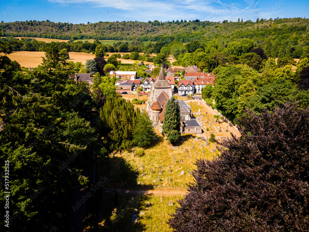 Aerial view of Mickleham, a village in south east England, between the towns of Dorking and Leatherhead in Surrey
