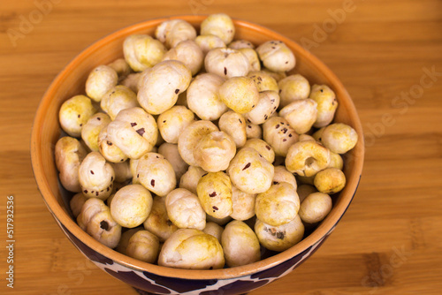 closeup view  Healthy Indian Snack for slim fit for healthy lifestyle of men and women. Weight Loss and Diet Concept. healthy eating lifestyle. Makhana or foxnut. Makhana from mithila  India.