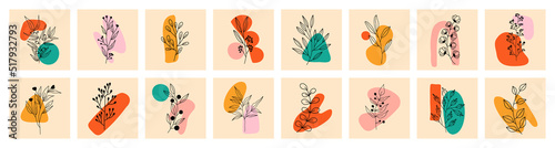 Set of Various Leaves and Flowers, abstract shapes. Round elements, abstract shapes, lines, floral. Minimalistic style. Vector stock illustration. Line art. Contemporary Hand drawn illustrations.