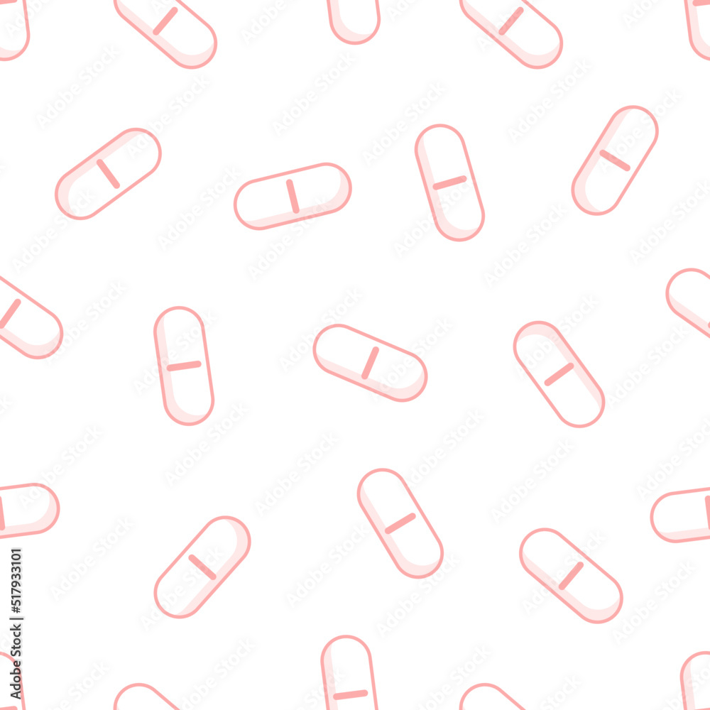 Seamless vector line pattern of pink capsules or pills. Medical background.