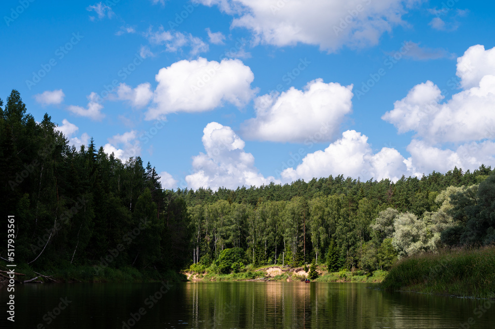 Scenic landscape of river Gauja at cloudy day. Blue sky. Summer nature. Green trees. Reflection in water.