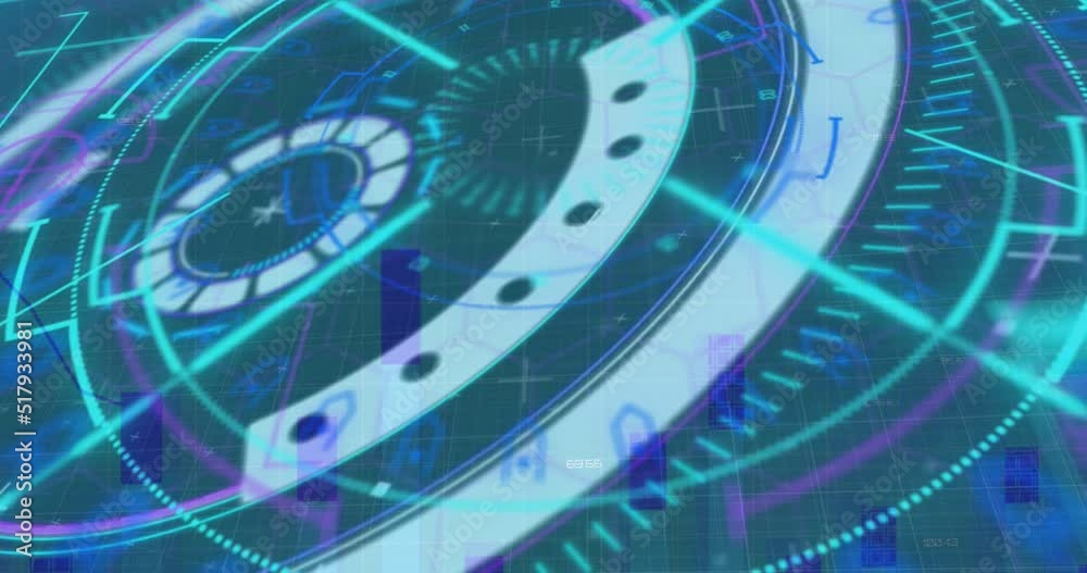 Digital animation of neon round scanners over statistical data processing against blue background