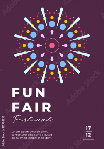 Amusement park festive minimal trendy vertical poster with fireworks explosion on dark sky. Carnival funfair minimalistic creative flyer with firework. Holiday fun fair festival flat eps card
