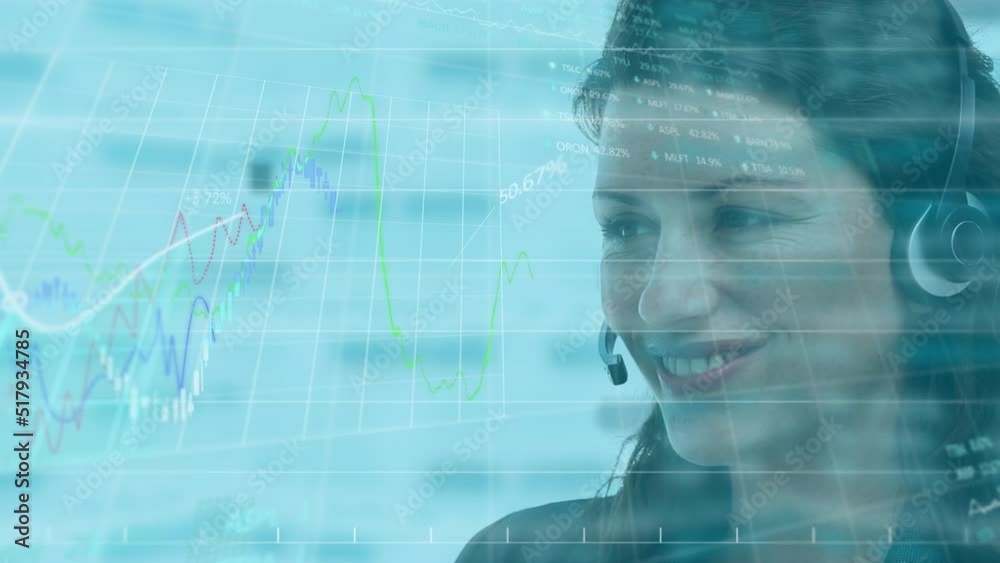Animation of financial graphs and data over caucasian female consultant Animation of financial graphs and data over caucasian female consultant
