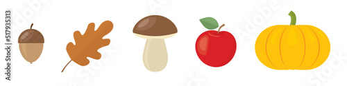 autumn banner with acorn, oak leaf, boletus mushroom, apple and pumpkin- vector illustration