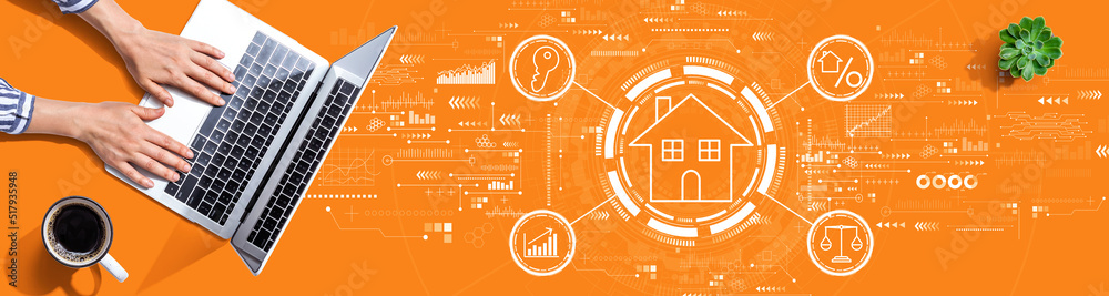 Real estate theme with person using a laptop Real estate theme with person using a laptop
