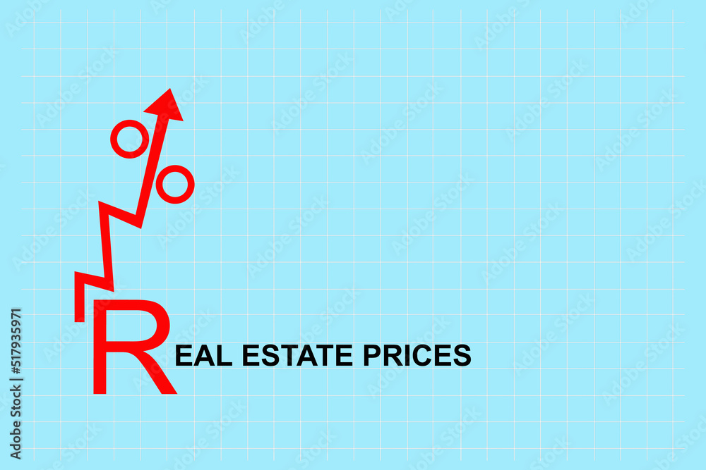 Concept of rising prices for real estate prices. Real estate prices. Growth chart. Red arrow with percent up.Blue background. Copy space. Business.