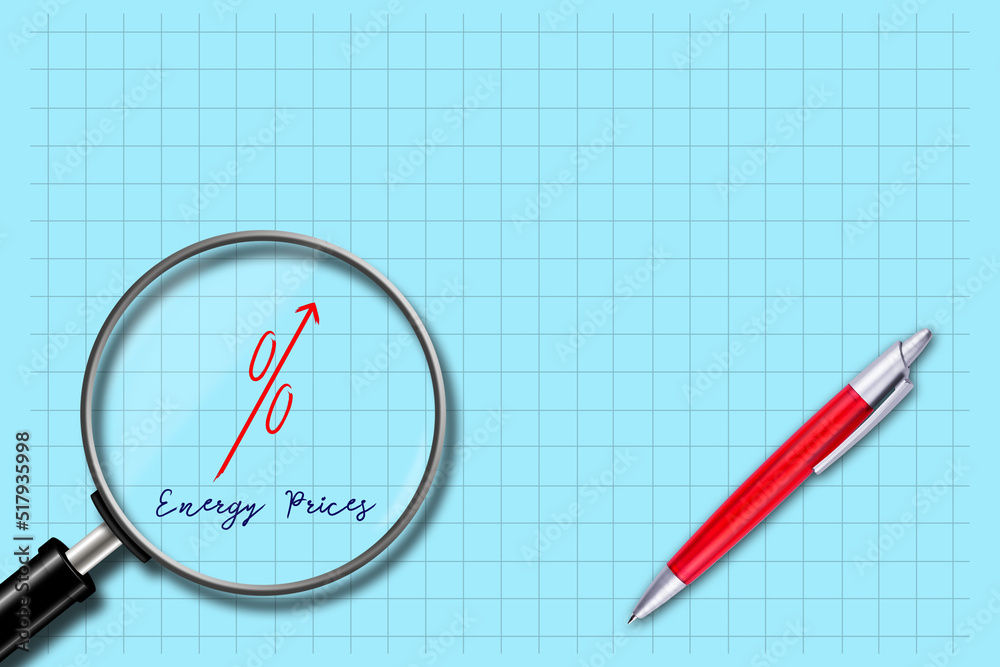 Concept of rising energy prices. Red arrow up, growth graph. Blue background. A pen.Magnifying glass. Copy space. World crisis. Inflation. Business. Concept of rising energy prices. Red arrow up, growth graph. Blue background. A pen.Magnifying glass. Copy space. World crisis. Inflation. Business.
