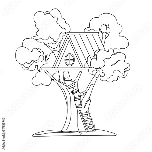 Hand drawn coloring page. Cute treehouse with grass, tree, stairway . treehouse coloring book page