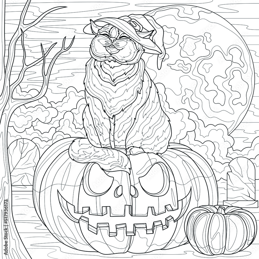 Fototapeta premium The cat sits on a Halloween pumpkin against the backdrop of the moon.Coloring book antistress for children and adults. Illustration isolated on white background.Zen-tangle style. Hand draw