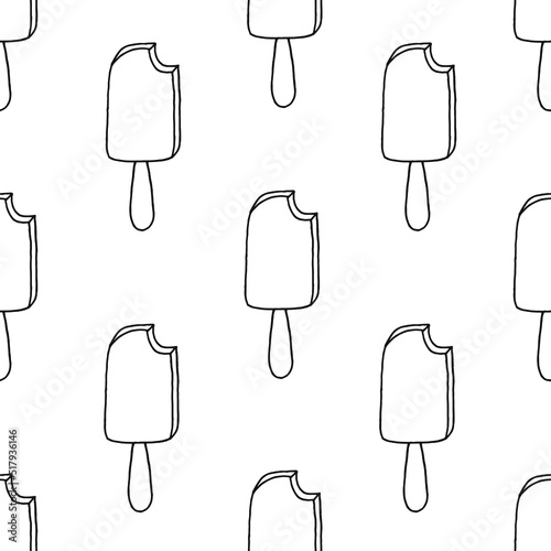 Seamless pattern with bitten popsicle. Background of ice cream on a stick.