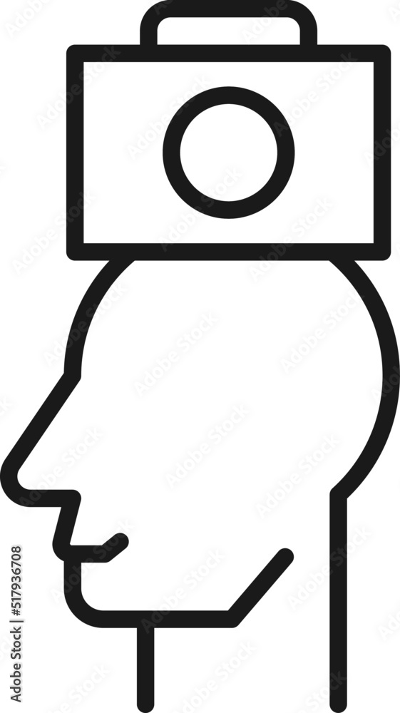 Hobbies, thought and ideas concept. Vector sign drawn in flat style. Editable stroke. Line icon of photo camera over head of man Hobbies, thought and ideas concept. Vector sign drawn in flat style. Editable stroke. Line icon of photo camera over head of man