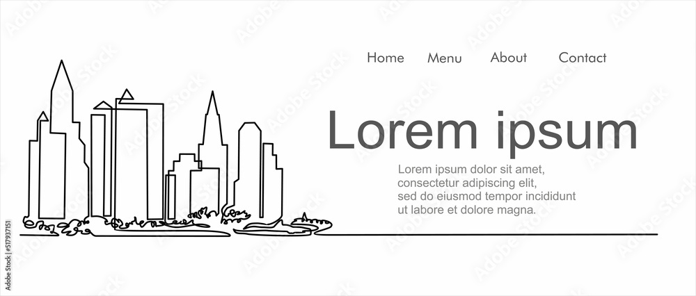 Obraz premium Modern cityscape continuous one line vector drawing. Panoramic landscape of metropolis architecture. Skyscrapers. Can used for logo, emblem, slide show and banner. Illustration with quote template. 