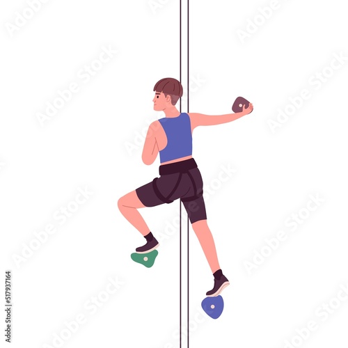 Woman climber moving up on rock wall. Person suspended on ropes in bouldering park, climbing, gripping stones on artificial mountain indoors. Flat vector illustration isolated on white background