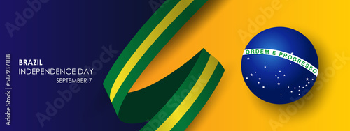 Vector illustration of Brazil's Independence Day celebration. Waving flag and ribbons with Brazilian symbols.