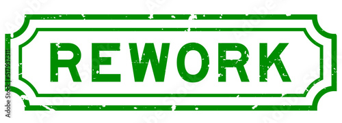 Grunge green rework word square rubber seal stamp on white background