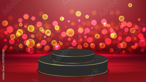 Red background features black podium gold trim blurry circles. Red background with black podium, gold trim, and blurry circles. Ideal for presentations, award ceremonies, announcements, and profession