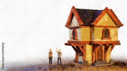 Digital render painterly illustration of two human figures and a house