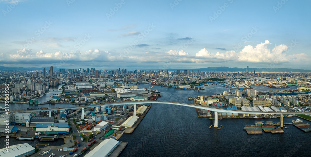 Panoramic view of bridge over river and sprawling city at sea level