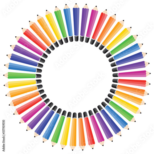 Round frame with colored pencils. Colorful school background. Pencil rainbow pattern. Template border vector.