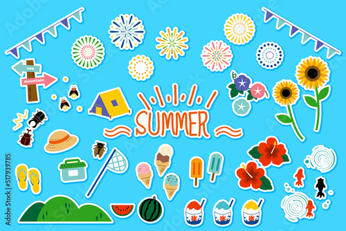 Summer vacation material set, white edge illustration.