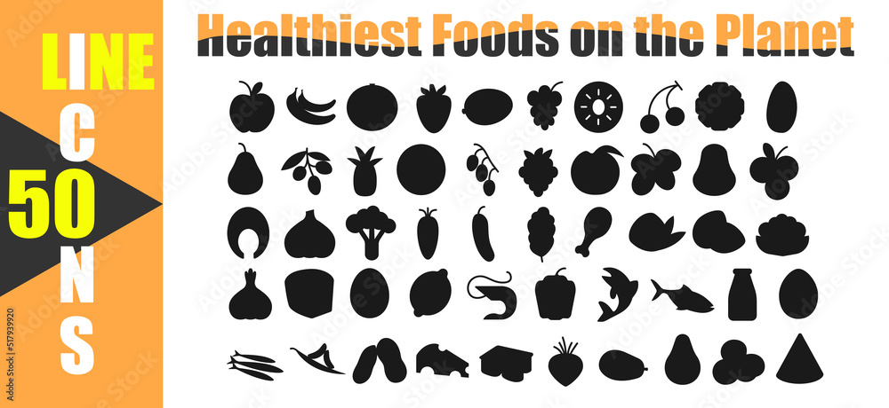 Fototapeta premium Healthy food black and white line icons set on white background vector illustration. Multicolored linear icons for healthy food in flat style. Stock vector line style.