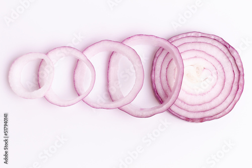 Red onion rings isolated on white background, Top view.