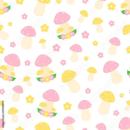 Seamless pattern mushrooms flowers leaves vector illustration