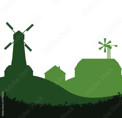 Rural farm. With fields, pastures and buildings. Picture silhouette. Breeding domestic farm animals and plants. Isolated on white background. Vector