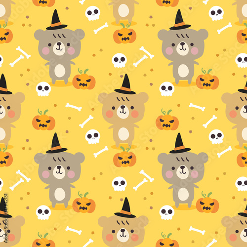 Cute Bear and Halloween Pumpkins Seamless Pattern