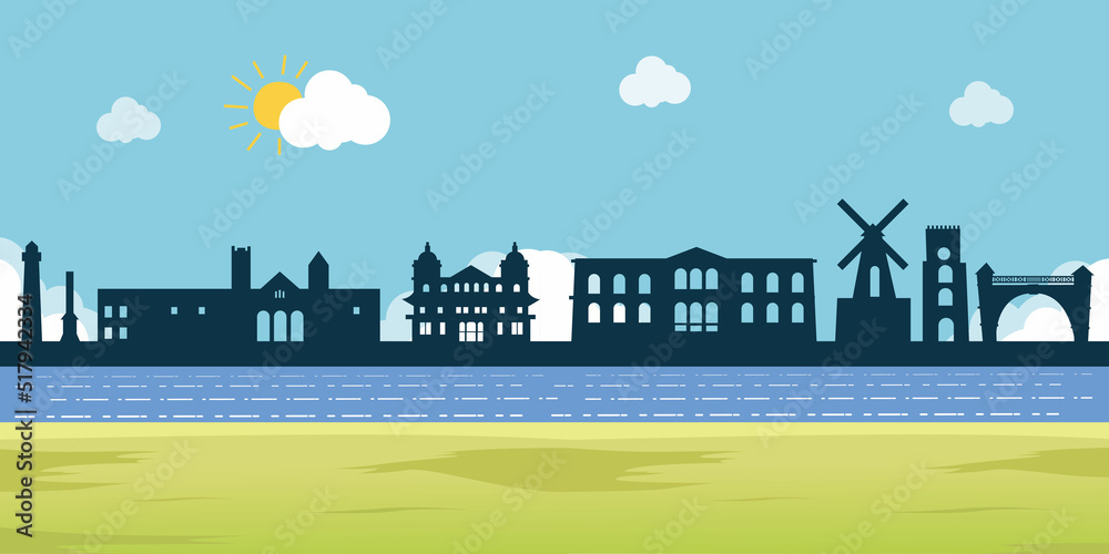 Silhouette skyline with green grass and lake illustration 