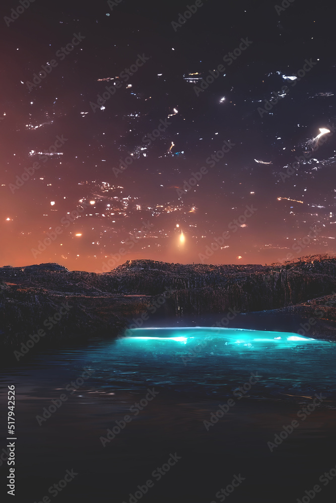 Abstract night fantasy landscape with a starry sky, a natural pool of water, a lake in which the galaxy, the milky way, the universe, stars, planets are reflected. 3D illustration. Abstract night fantasy landscape with a starry sky, a natural pool of water, a lake in which the galaxy, the milky way, the universe, stars, planets are reflected. 3D illustration.