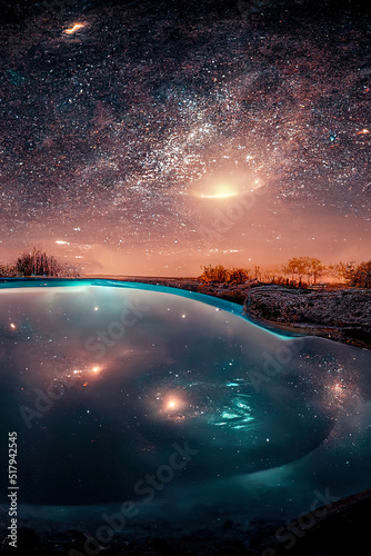 Abstract night fantasy landscape with a starry sky, a natural pool of water, a lake in which the galaxy, the milky way, the universe, stars, planets are reflected. 3D illustration. © MiaStendal