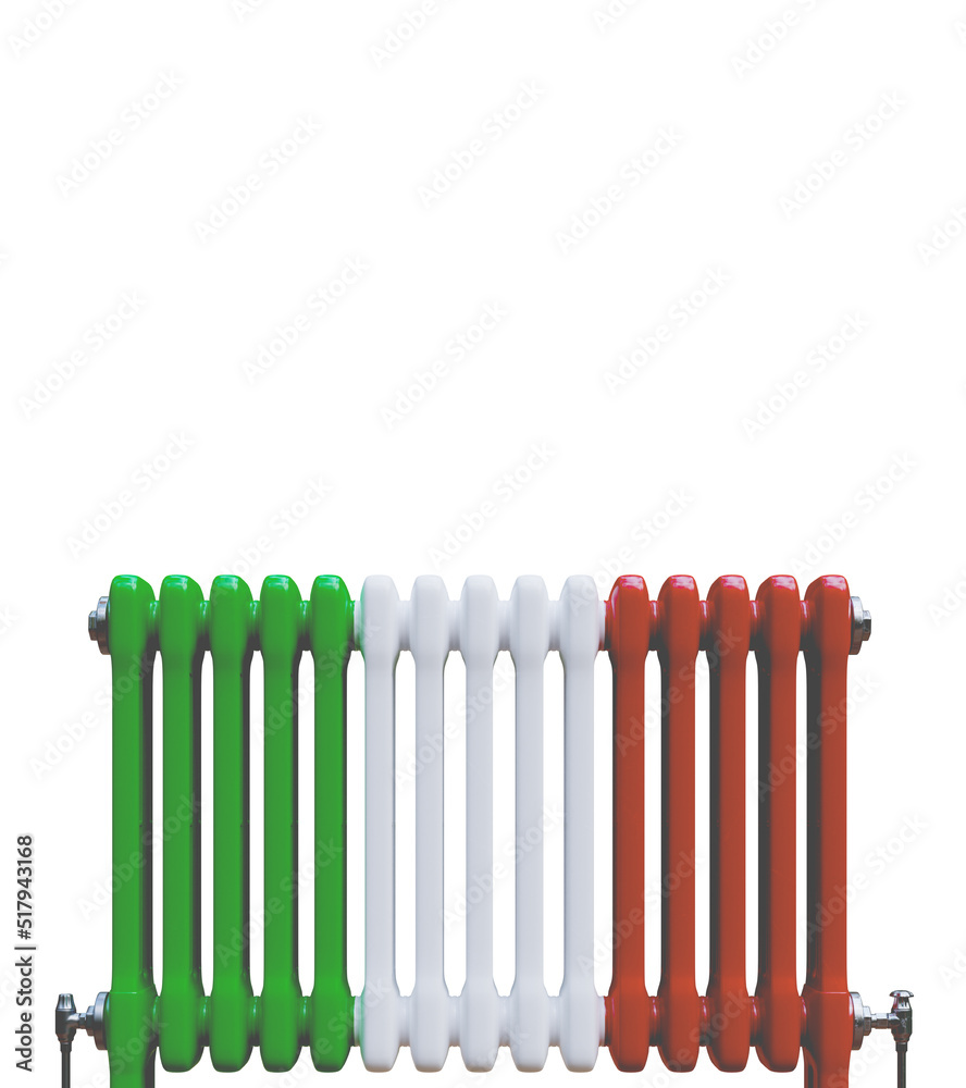 Russian gas heater and radiator 3d rendering with Italian flag and white space for text Russian gas heater and radiator 3d rendering with Italian flag and white space for text