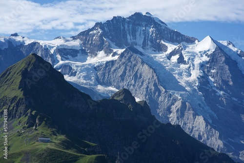 panorama of alpine peaks and meadows in swiss alps