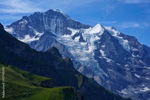panorama of alpine peaks and meadows in swiss alps