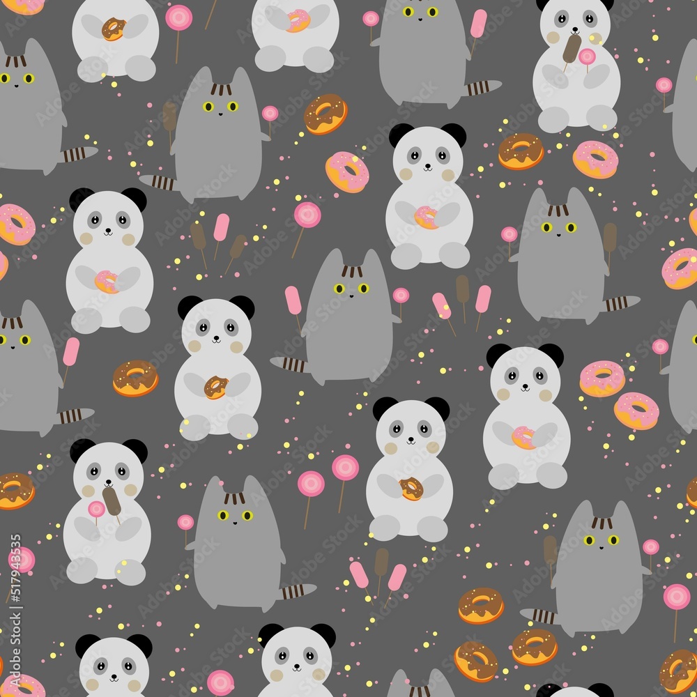 seamless pattern of bears and cats with sweet treats: donuts, lollipops, ice cream