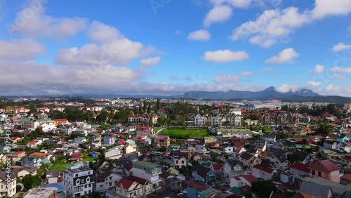 DA LAT CITY, VIETNAM - JULY 15,2022 : Landscape in the city of Da Lat city, Vietnam is a popular tourist destination. Tourist city in developed Vietnam. ( view aerial from drone )