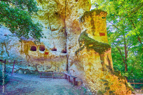 The way to Bakota Cave Monastery complex, located on the slope of Dniester river, Ukraine photo