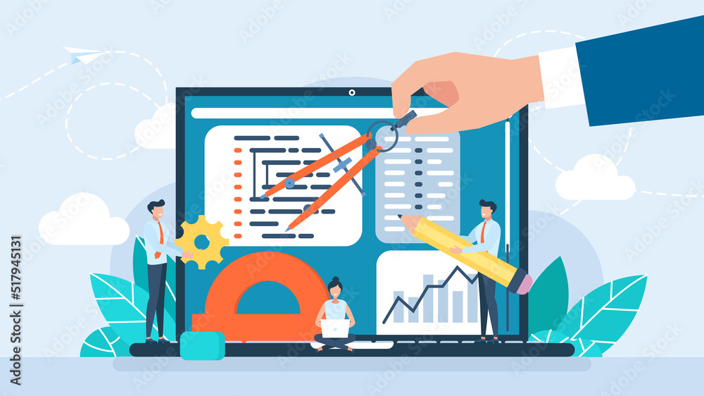 IT Programming Support. Concept of script coding. Programming language. Tiny characters working on web development on laptop. Software developers. Workplace of the programmer. Flat illustration IT Programming Support. Concept of script coding. Programming language. Tiny characters working on web development on laptop. Software developers. Workplace of the programmer. Flat illustration
